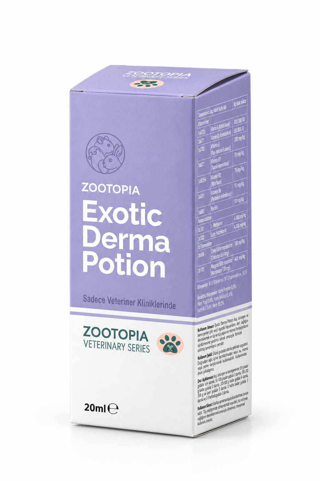 Kuş, tavşan ve hamsterlerde deri, tüy ve kıl desteği - Zootopia Exotic Derma Potion 20 ml
