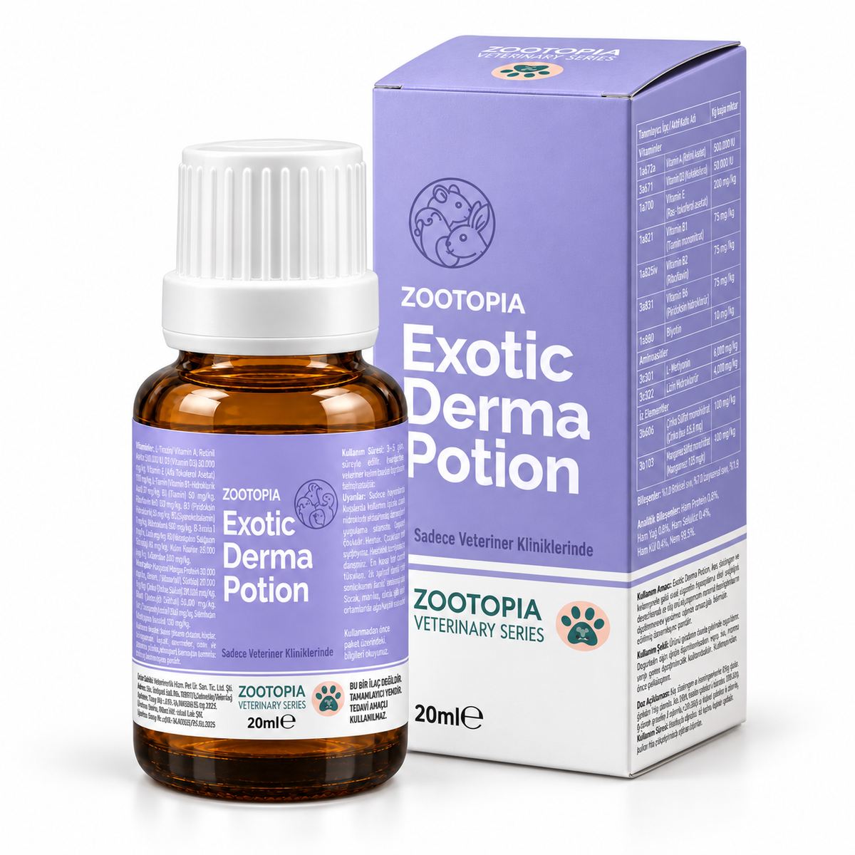 Kuş, tavşan ve hamsterlerde deri, tüy ve kıl desteği - Zootopia Exotic Derma Potion 20 ml